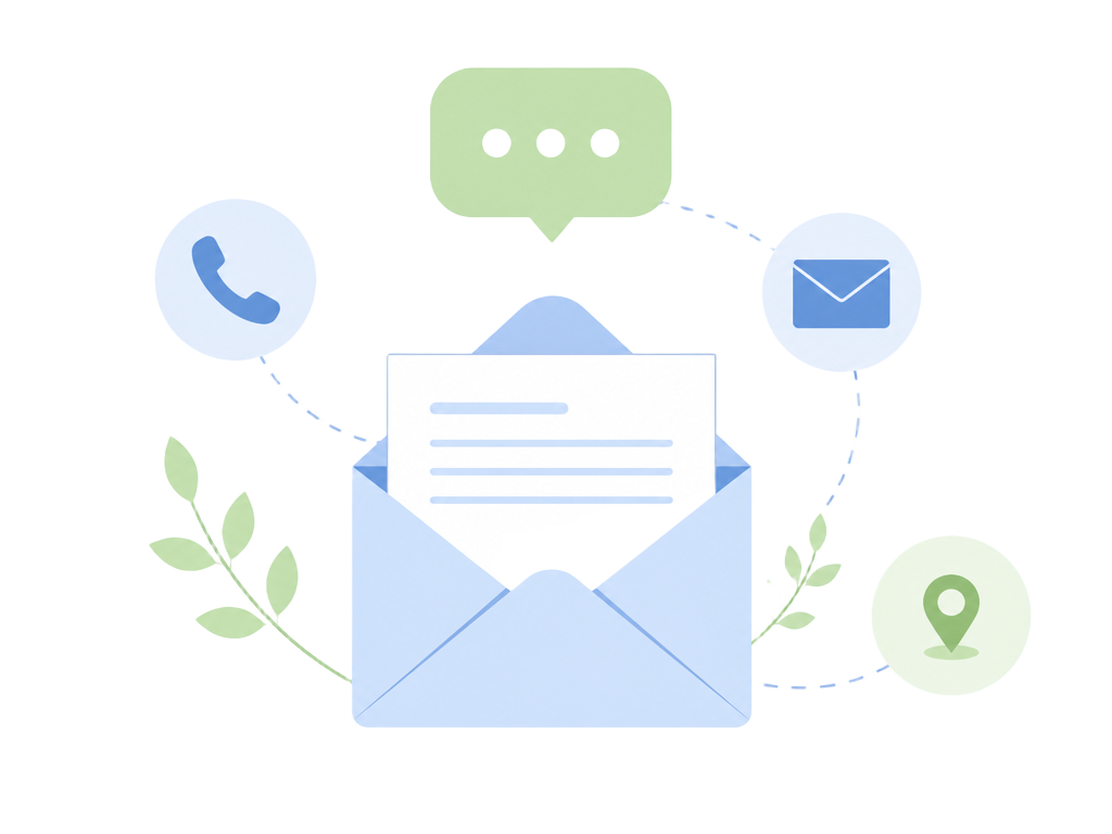 Envelope with chat, phone, email and location icons representing GIA support channels